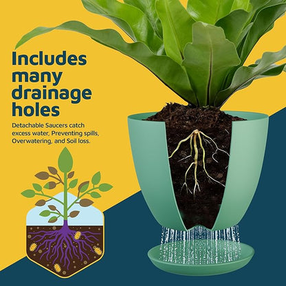 Mint Plant Pots with Drainage Holes & Saucers 3 Pack, Indoor & Outdoor Stackable Space-Saving Planters for Houseplants & Flowers, (7", 6.7", and 6" Inches), Durable & Weatherproof Materials