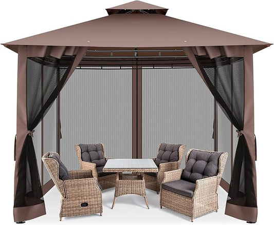 COBIZI Gazebo 10x10 Heavy Duty Gazebos with Improved Nettings Outdoor Gazebo Double Roof Patio Gazebos with Metal Steel Frame Outdoor Canopy for Patio, Deck, Backyard-Brown