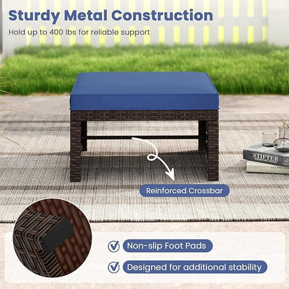 Tangkula 2 Pieces Patio PE Rattan Ottomans, Multipurpose Outdoor Footstool Footrest Additional Seating Side Table with Soft Zippered Cushions for Deck, Garden, Poolside and Yard (Navy Blue)