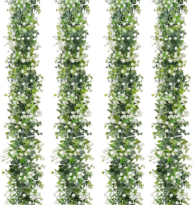 Artificial Plants Greenery Garland, 4 Pack Green Eucalyptus with White Flowers