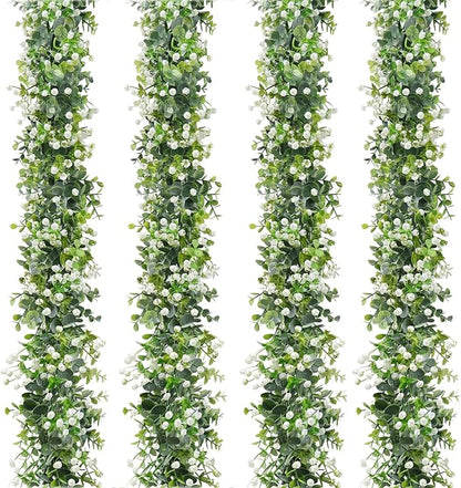 Artificial Plants Greenery Garland, 4 Pack Green Eucalyptus with White Flowers
