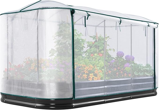 KING BIRD Raised Garden Bed with Cover Galvanized Oval Planter Garden Box Outdoor for Gardening, Vegetables, Flowers 94.5x47.2x11.8 in, White