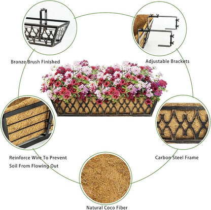 2 Pack 30 Inch Window Boxes Planters Railing Planter Box with Adjustable Brackets for Porch Fence Patio Balcony Hanging Flower Baskets with Coco Liners for Outdoor Garden Décor - Bronze