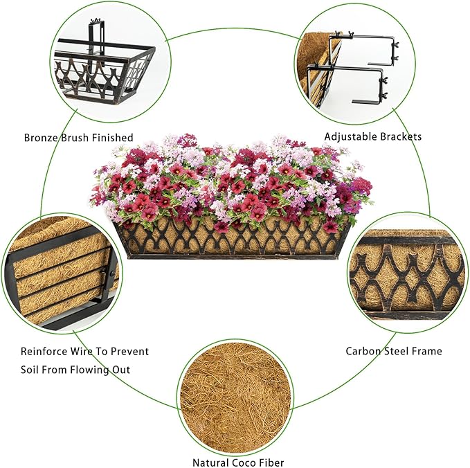 6 Pack 24 Inch Window Boxes Planters Railing Planter Box with Adjustable Brackets for Porch Fence Patio Balcony Hanging Flower Baskets with Coco Liners for Outdoor Garden Decor - Bronze
