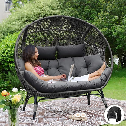 NICESOUL® Double Egg Chair Indoor Outdoor Stationary Oversized 6.5" Thick Padded Cushions,2 Person Wicker Egg Loveseat Chair,680 lbs Extra Wide Lounge Chair for Patio Balcony Porch Gray with Cover
