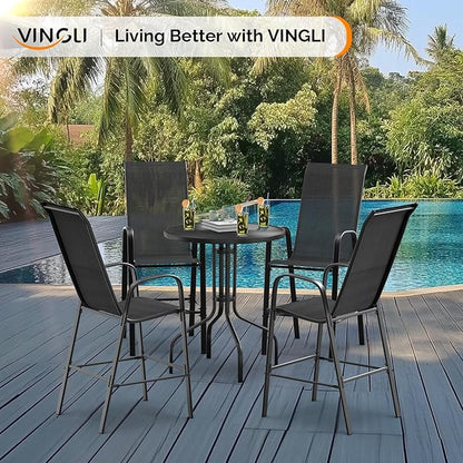 VINGLI Outdoor Bar Chairs Set of 8 – Stackable Outdoor Bar Stools with Sturdy Sling High Back and Armrests for Lawn, Courtyard, Garden, Bar, Black