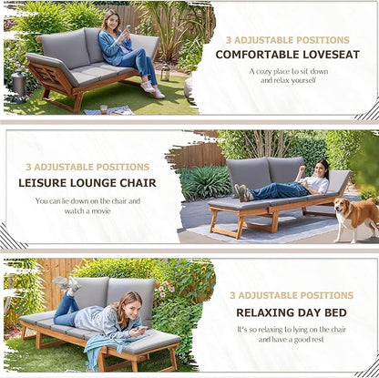 Devoko Outdoor Couch Acacia Wood Patio Couch with Adjustable Armrests, Outdoor Convertible Sofa with Removable Cushions & Pillows for Patio, Porch, Poolside(Grey)
