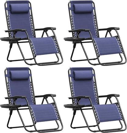 Homall Zero Gravity Chair Patio Folding Lawn Outdoor Lounge Gravity Camp Reclining Lounge Chair with Cup Holder Pillows for Poolside Backyard and Beach Set of 4 (Blue)