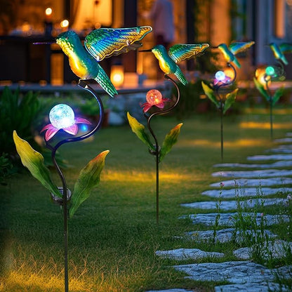HONGLAND 46 Inch Solar Hummingbird Lights, Solar Garden Decor with Cracked Glass Ball, Hummingbird Decorative Garden Stakes Outdoor Waterproof for Lawn Patio Yard Porch, Gifts for Mom