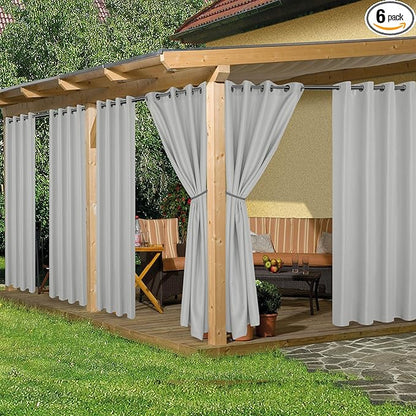 HolidayIdeas Waterproof Outdoor Curtains for Patio, 6 Panels - 54x108 Inches - Weatherproof Privacy Outsides Curtains for Backyard Porch Gazebo, Sunlight & UV Blocking (Silver, Grommet Top)