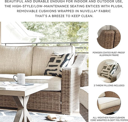 Signature Design by Ashley Beachcroft Casual Nuvella Weather Resistant Fabric, Resin Wicker Outdoor Loveseat with Cushion and 2 Accent Pillows, Dark Brown & Beige