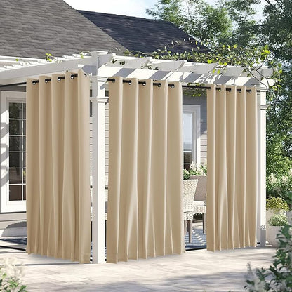 NICETOWN 2 Panels Weighted Blackout Curtains for Patio Waterproof, Top & Bottom Grommet & Back Tab Fixed Outdoor Curtains Windproof Drapes Thermal Insulated for Porch, W66 x L90, Biscotti Beige