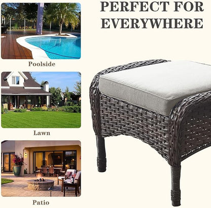 Belord Outdoor Ottomans for Patio Foot Rest - 25 Inch PE Wicker Foot Stool Set of 2 with Removable Cushions for Patio Furniture Sets,All Weather Rattan Ottoman for Balcony Deck Backyard Brown