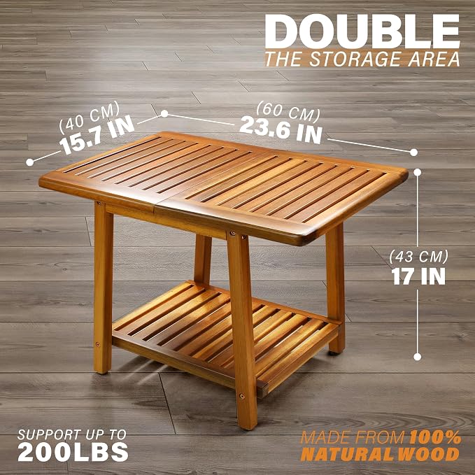 Side Table, 24-Inch 2-Tier Acacia Wood Outdoor End Table, Teak Finish