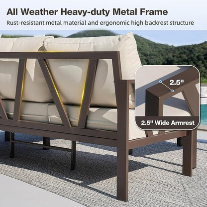 Outdoor Furniture Set, Outdoor Patio Couch Sectional with Ottoman, 3 Pieces Outdoor Patio Sofa Set Deep Seating with 6" Thick Cushions, Upgrade Beige