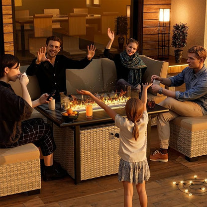 16-Piece Outdoor Patio Furniture Set with Rocking Swivel Chair, PE Wicker Rattan Sectional Sofa Patio Conversation Set with 55,000 BTU Fire Pit Table & Coffee Table, Green