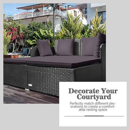 Outdoor Rattan Daybed, Patio Loveseat Sofa Set w/Comfortable Cushions, Extra Pillows & Metal Foot, Sunbed Wicker Furniture for Yard/Poolside/Living Room/Garden/Porch, Grey