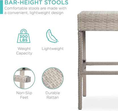 Best Choice Products 5-Piece Outdoor Wicker Bar Table Set for Patio, Poolside, Backyard w/Built-in Bottle Opener, Hidden Storage Shelf, Metal Tabletop, 4 Stools - Gray