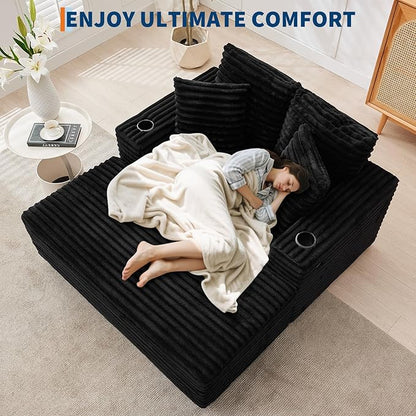 GarveeHome Oversized Chaise Lounge Chair Indoor, 56x60 in Comfortable Corduroy Lounge Sofa with Charging Ports & Cup Holders, Cozy Reading Couch for Bedroom Living Room Apartment, Black