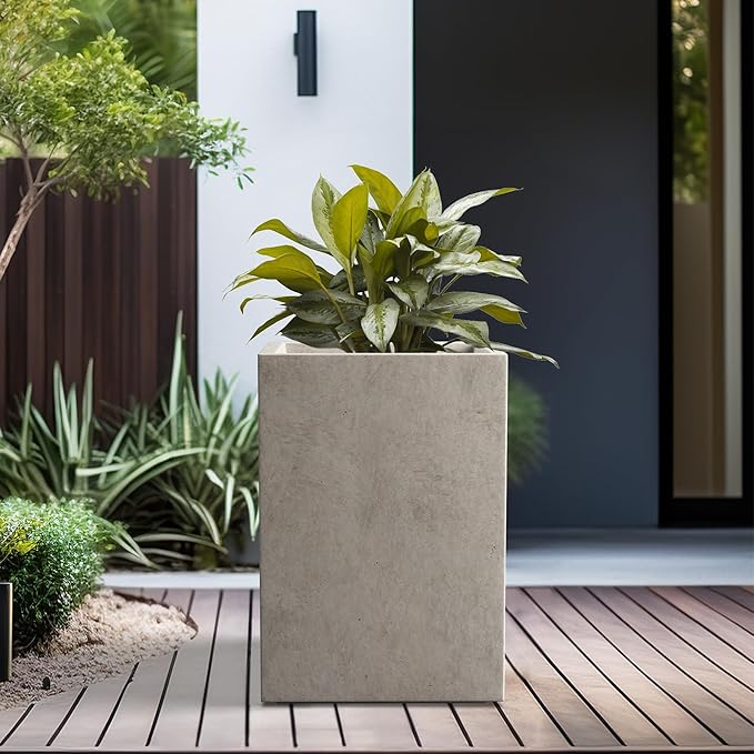 Kante 15.7" H Tall Rectangular Concrete Planters, Outdoor Indoor Lightweight Plant Pots with Drainage Hole and Rubber Plug, Modern Style for Home Garden Patio, Weathered Concrete