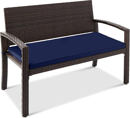 Best Choice Products Outdoor Bench 2-Person Wicker Garden Patio Benches Seating Furniture for Backyard, Porch w/Seat Cushion, 700lb Capacity - Navy/Brown