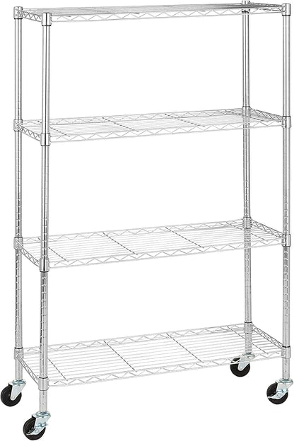 Amazon Basics 4-Shelf Adjustable Heavy Duty Storage Shelving Unit with Wheels, No-Tool Easy Assembly, Garage Shelving, Metal Wire Rack with Casters and Leveling Feet, 36" x 14" x 57.8", Chrome