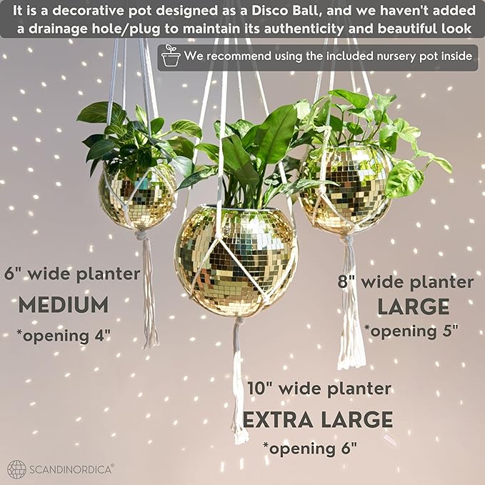 SCANDINORDICA Disco Ball Planter – Value Package: Mirror Disco Planter with Chain, Macrame Hanger and Acrylic Stand for Desk, Includes Self Watering Pot, Plant Accessories | 10 inch Gold