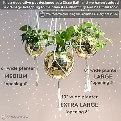 SCANDINORDICA Disco Ball Planter – Value Package: Mirror Disco Planter with Chain, Macrame Hanger and Acrylic Stand for Desk, Includes Self Watering Pot, Plant Accessories | 10 inch Gold