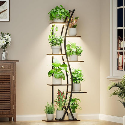 62“ Plant Stand Indoor with Grow Lights - 7 Tiered Tall Metal Plant Shelf - Corner Wooden Plant Stand for Indoor Plants Multiple, Large S-Shape Flower Rack Holder for Living Room, Garden, Patio Decor