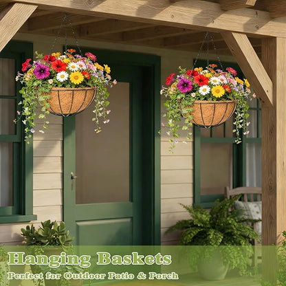 4 Pack 12 Inch Hanging Baskets for Plants Outdoor Metal Hanging Planter Hanging Flower Baskets with Coco Fiber Liners Chain Round Wire Plant Holder Hangings Flower Pots(Watermelon)