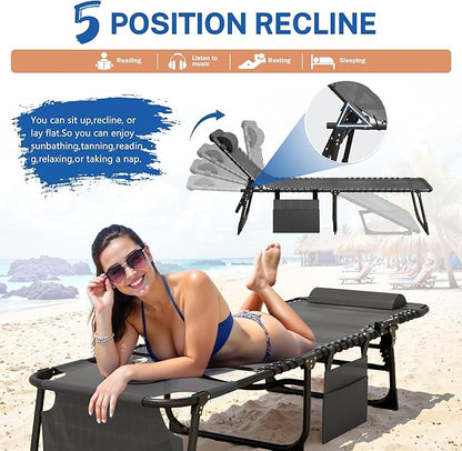 Devoko Beach Lounge Chair, Outdoor Sun Tanning Chair with Face Hole, Heavy Duty Folding Portable Lay Chaise Lounge Chairs for Outside Beach Pool Camping Patio, Beige