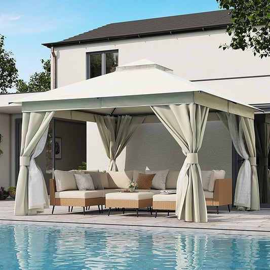 LAUSAINT HOME Semi-Permanent Outdoor Patio Gazebo 12'x12', Heavy Duty Party Tent Shelter with Double Roofs, Mosquito Nettings and Privacy Screens for Backyard, Garden, Lawn, Cream White