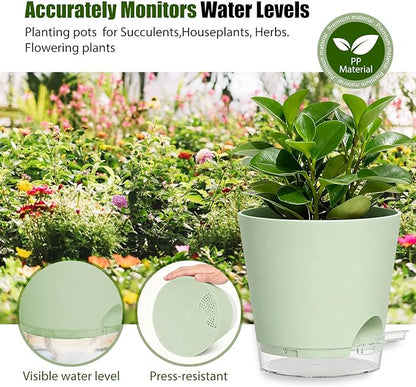 Plant Pots 7 Inch Self Watering Pots, 6 Pack Plastic Planters with Drainage Holes and Clear Saucers,Plastic Flower Pots for Indoor Out Door Plants(Green)