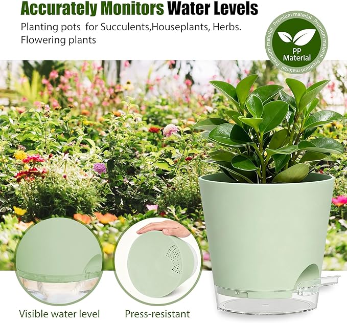 Plant Pots 8 Inch Self Watering Pots, 2 Pack Plastic Planters with Drainage Holes and Clear Saucers,Plastic Flower Pots for Indoor Out Door Plants (Green)