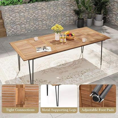 Tangkula 86.5" Large Patio Dining Table for 8, Acacia Wood 8-Person Dining Table with 2" Umbrella Hole & Metal Legs & Adjustable Foot Pads, Rectangular Outside Table for Garden, Poolside & Backyard