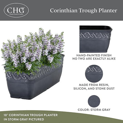 Classic Home and Garden Corinthian Rectangular Trough Window Box Planter, 10", Storm Gray, Pack of 3