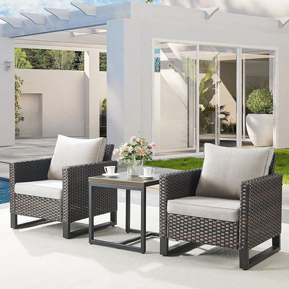 Belord Outdoor Bistro Set 3 Piece Outdoor Wicker Patio Chairs, Oversize Outdoor Rattan Seating Set, All-Weather Chairs Wicker Furniture with Metal Side Table and Removable Cushion for Outside, Brown