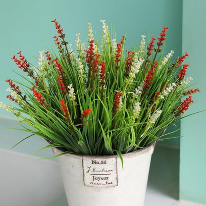 alyptus Artificial Flowers Outdoor 12 Bundles Fake Plants Outside Red Flower Grass Faux Greenery Spring Summer Wildflower Decoration for Outdoors Yard Front Porch Planter Decor (Red Flowers)