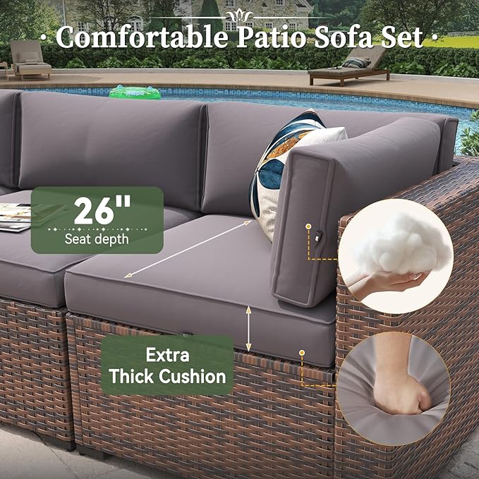 Aoxun 10 Piece Patio Furniture Set Wicker Rattan Patio Conversation Set Outdoor Sectional Sofa Set with Coffee Table and Thickened Cushions, Gray(Waterproof Cover Included)
