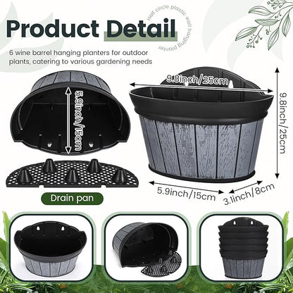 Layhit 6 Pcs Wall Hanging Planters Outdoor Pot Planter Wine Barrel Planter Distressed Oak Thickened Plastic Water Storage Flower Pots for Flower Indoor Outdoor(10 Inches,Black)