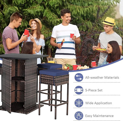 Tangkula 5 Piece Outdoor Rattan Bar Set, Patio Bar Furniture with 4 Cushions Stools and Smooth Top Table with Hidden Storage Shelf, Outdoor Conversation Set for Poolside, Backyard, Lawn (Navy Blue)