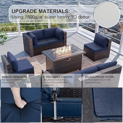 Kullavik 11 Pieces Outdoor Patio Furniture Set,PE Wicker Rattan Sectional Sofa Patio Conversation Sets with 43" 55000BTU Gas Propane Fire Pit Table,Swivel Rocking Chairs Set,Navy Blue