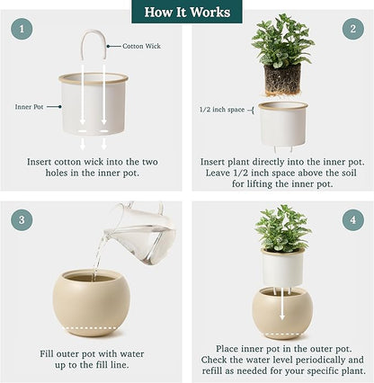 Ceramic Self Watering Plant Pot | 6.8 Inch Pot with 4.5 Inch Inner Pot for Small Plants | Ivory Pot for Indoor Plants | Round Self Watering Planter | Bottom Watering Pots for Indoor Plants