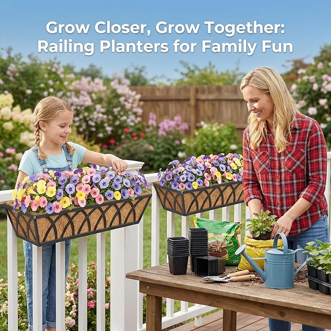 HFHOME 24 inch Window Deck Rail Planter Including Coco Liner, 24" Dia Window Box Horse Trough with Coconut Coir Liners, Black Metal Hanging Flower Planter Basket for Indoor Outdoor Lawn - Set of 2