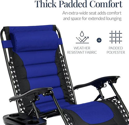Best Choice Products Oversized Padded Zero Gravity Chair, Folding Outdoor Patio Recliner, XL Anti Gravity Lounger for Backyard w/Headrest, Cup Holder, Side Tray, Polyester Mesh - Blue