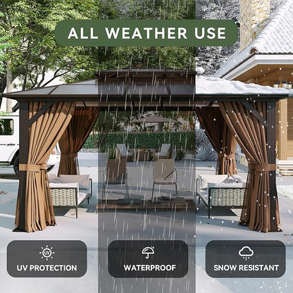 Aoxun 12'x10' Hardtop Gazebo, Aluminum Frame Permanent Pavilion with Curtains and Netting, Outdoor Polycarbonate Double Roof Canopy, Designed for Garden, Lawns, Patio, Brown