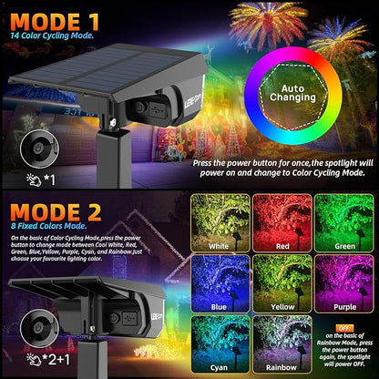 Color Solar Light Outdoor Waterproof Spotlights with 9 Light Modes, Color Changing Solar Outdoor Light for Halloween Decorations, Colored Spot Lights Auto On,Off, RGBW