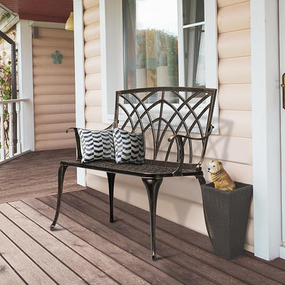 VINGLI 38" Outdoor Metal Bench, Cast Aluminium Garden Bench, Weatherproof Antique Finish Orchid Chair, 1-2 Person Seat Deck Furniture for Porch Entryway Patio (Brown)