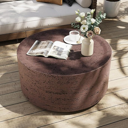 UPHA Outdoor Round Coffee Table, Small Modern Minimalist Accent Tables, Low Light Concrete Center Table for Living Room, Outside Patio, Deck, 28×28×13, Rust Red