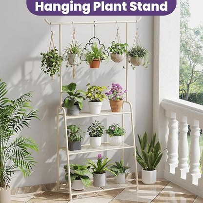 Metal Plant Stand Indoor Outdoor, 3 Tier Tall Corner Plant Shelf, Hanging Flower Ladder for Living Room, Balcony, Garden, Patio (White)